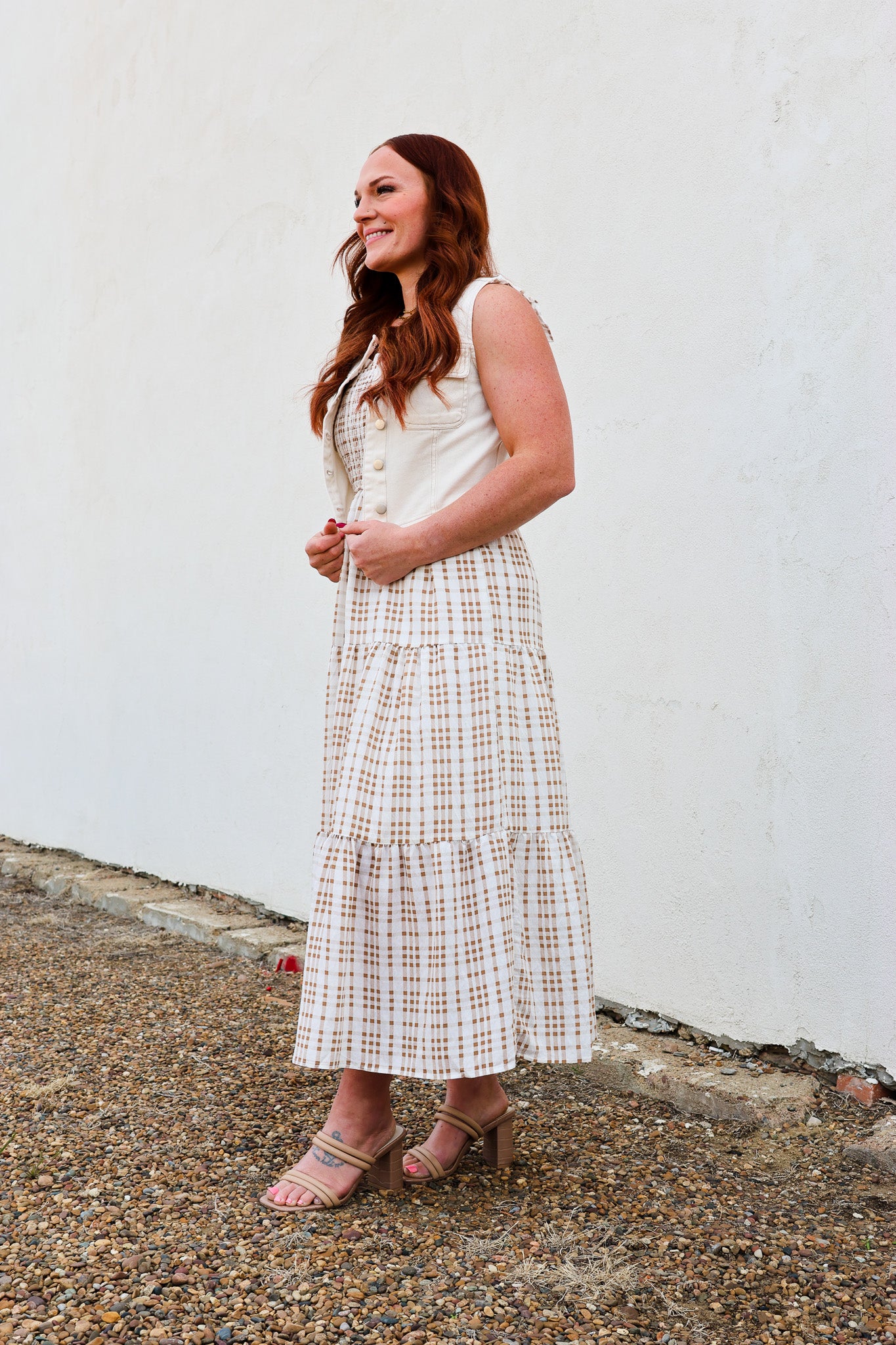 Blu Pepper Lt Brown Plaid Midi Dress