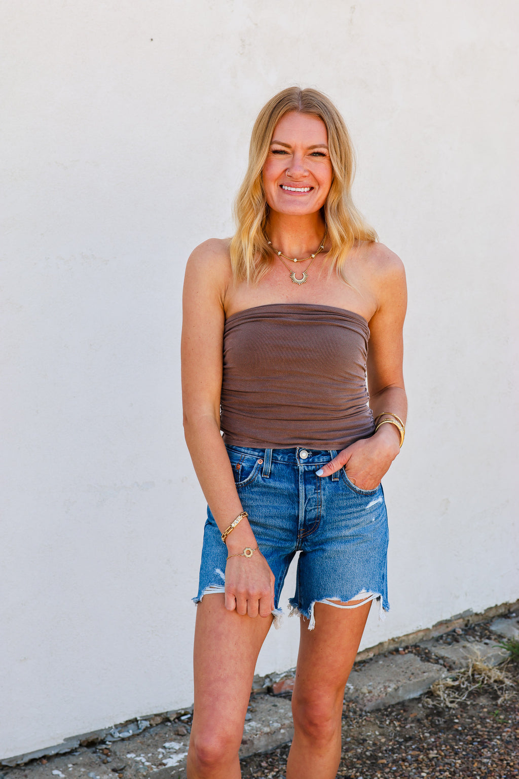 Becool Ruched Crop Tube Top Mocha