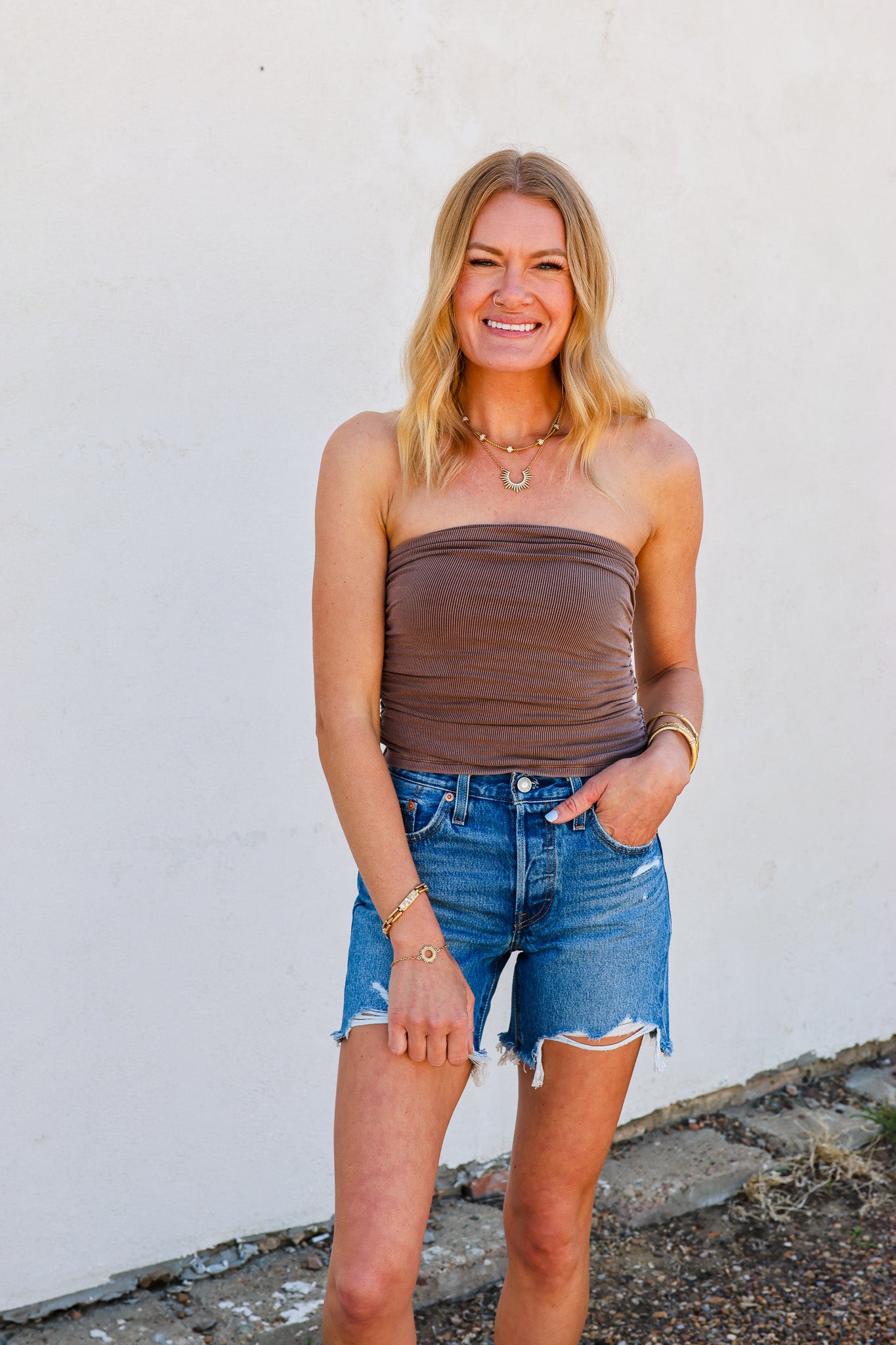 Becool Ruched Crop Tube Top Mocha