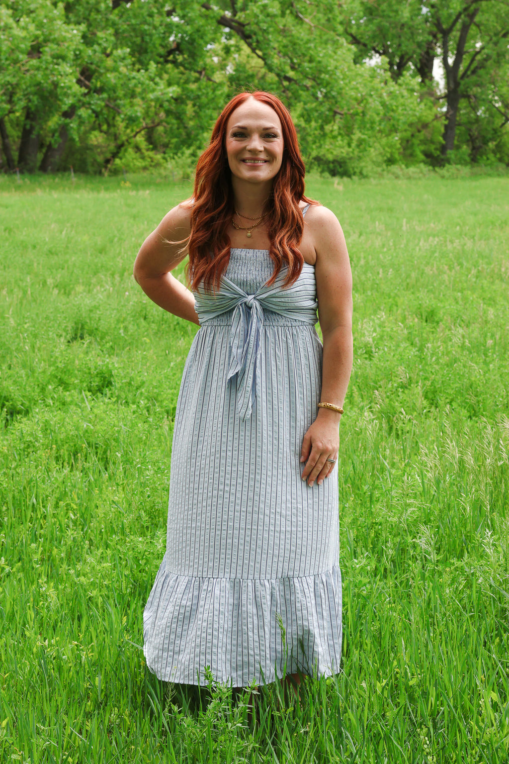 G&G Striped Tie-Front Maxi Dress