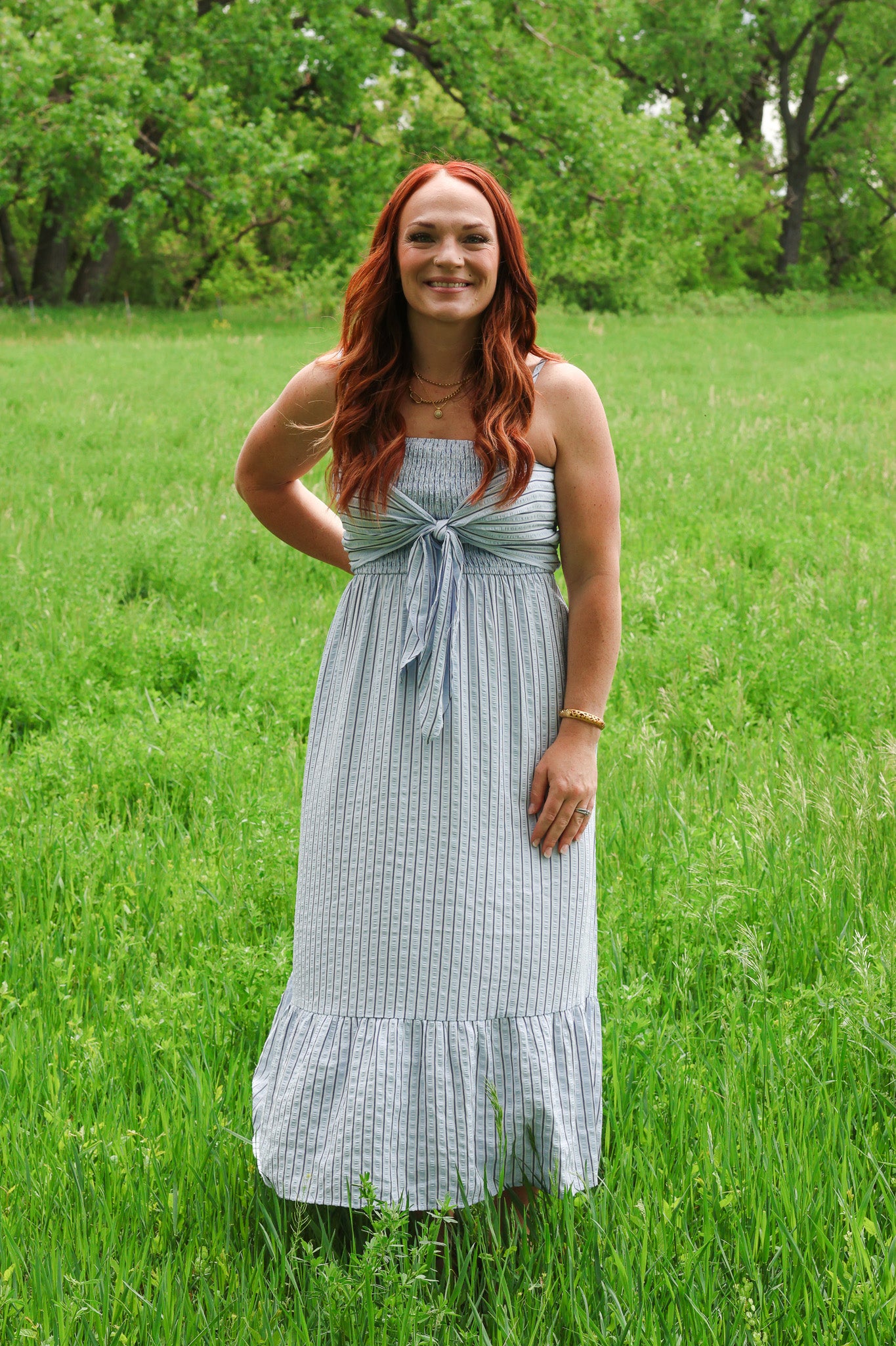 G&G Striped Tie-Front Maxi Dress