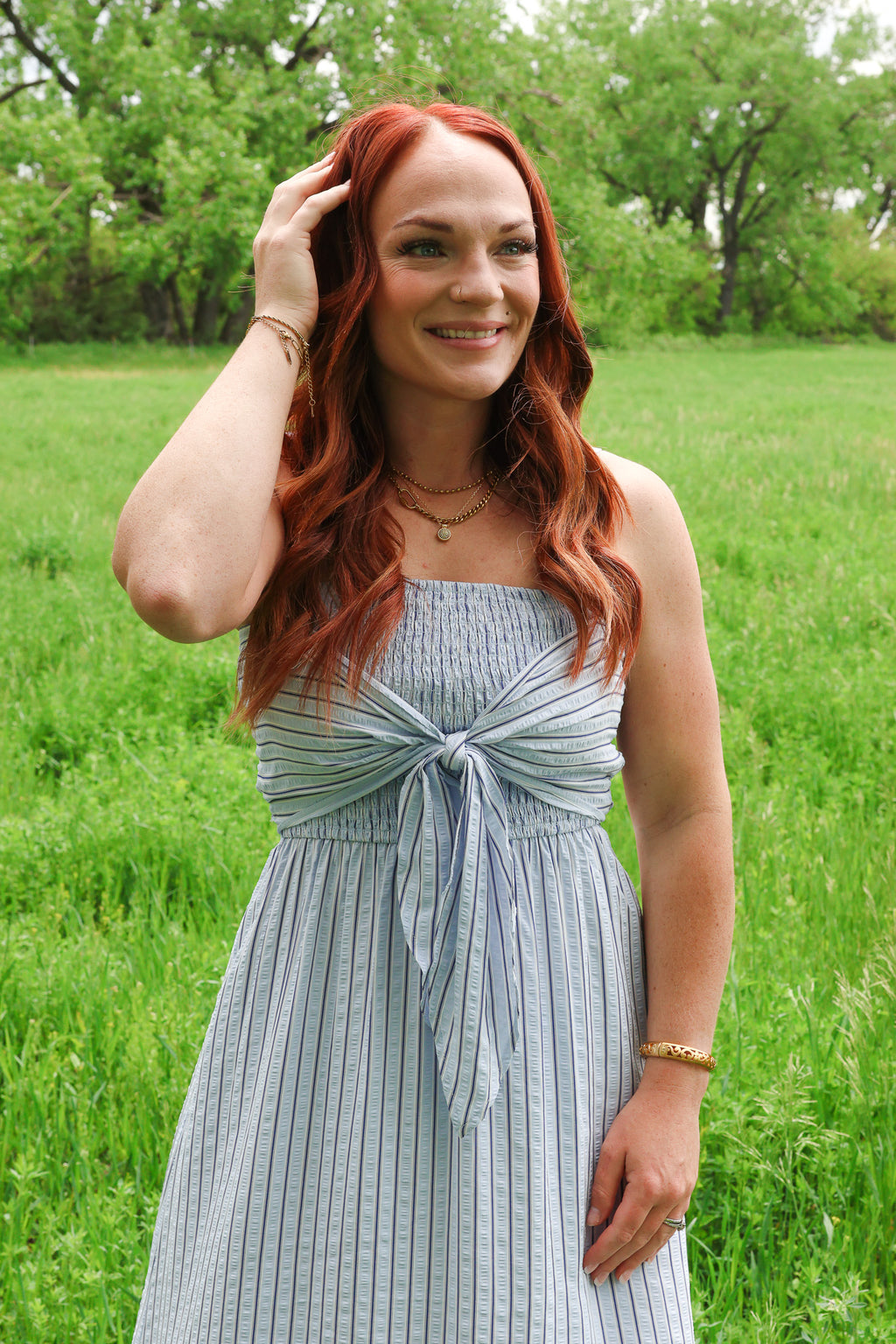 G&G Striped Tie-Front Maxi Dress