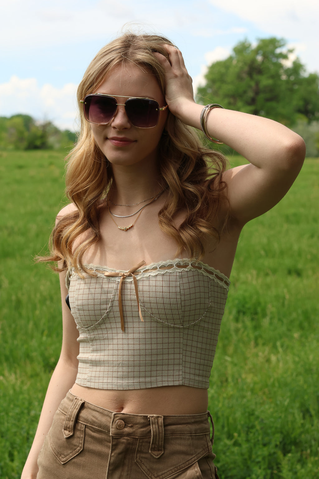 Blu Pepper Plaid Lace Trim Crop