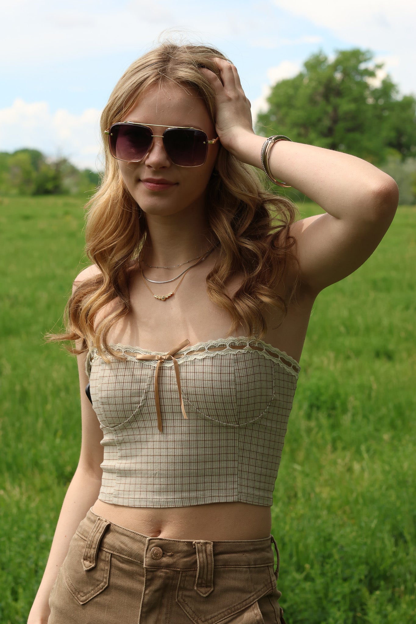 Blu Pepper Plaid Lace Trim Crop