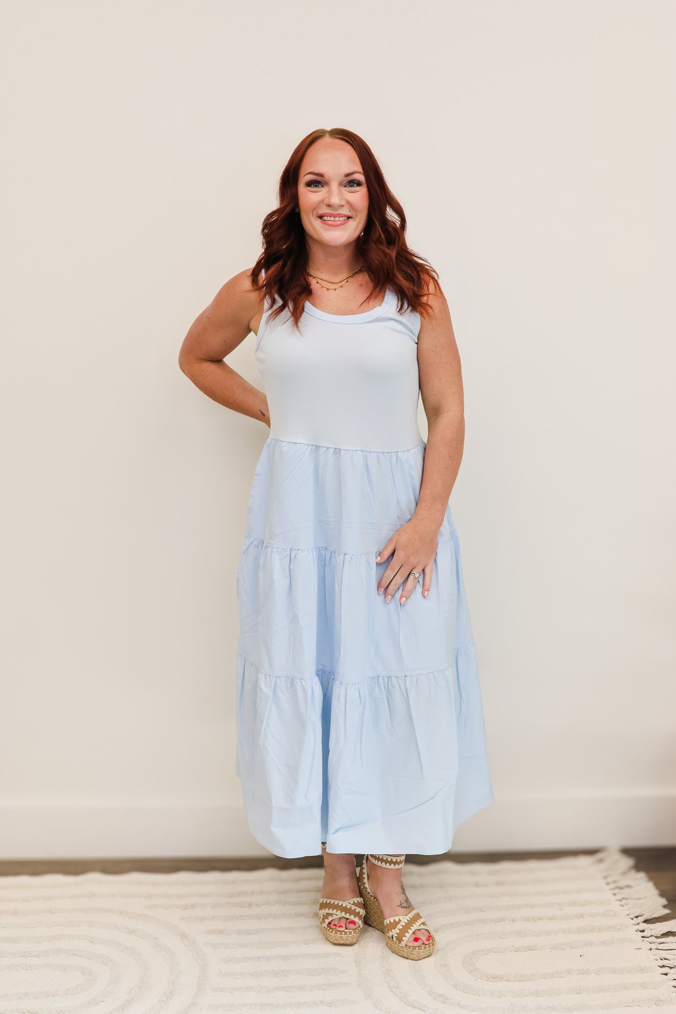 T&S Light Blue Tiered Tank Dress
