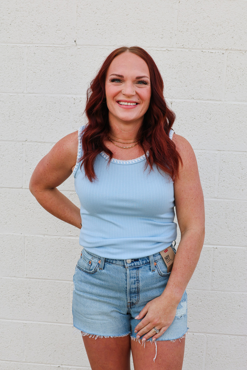 Staccato Light Blue Blanket Stitch Tank