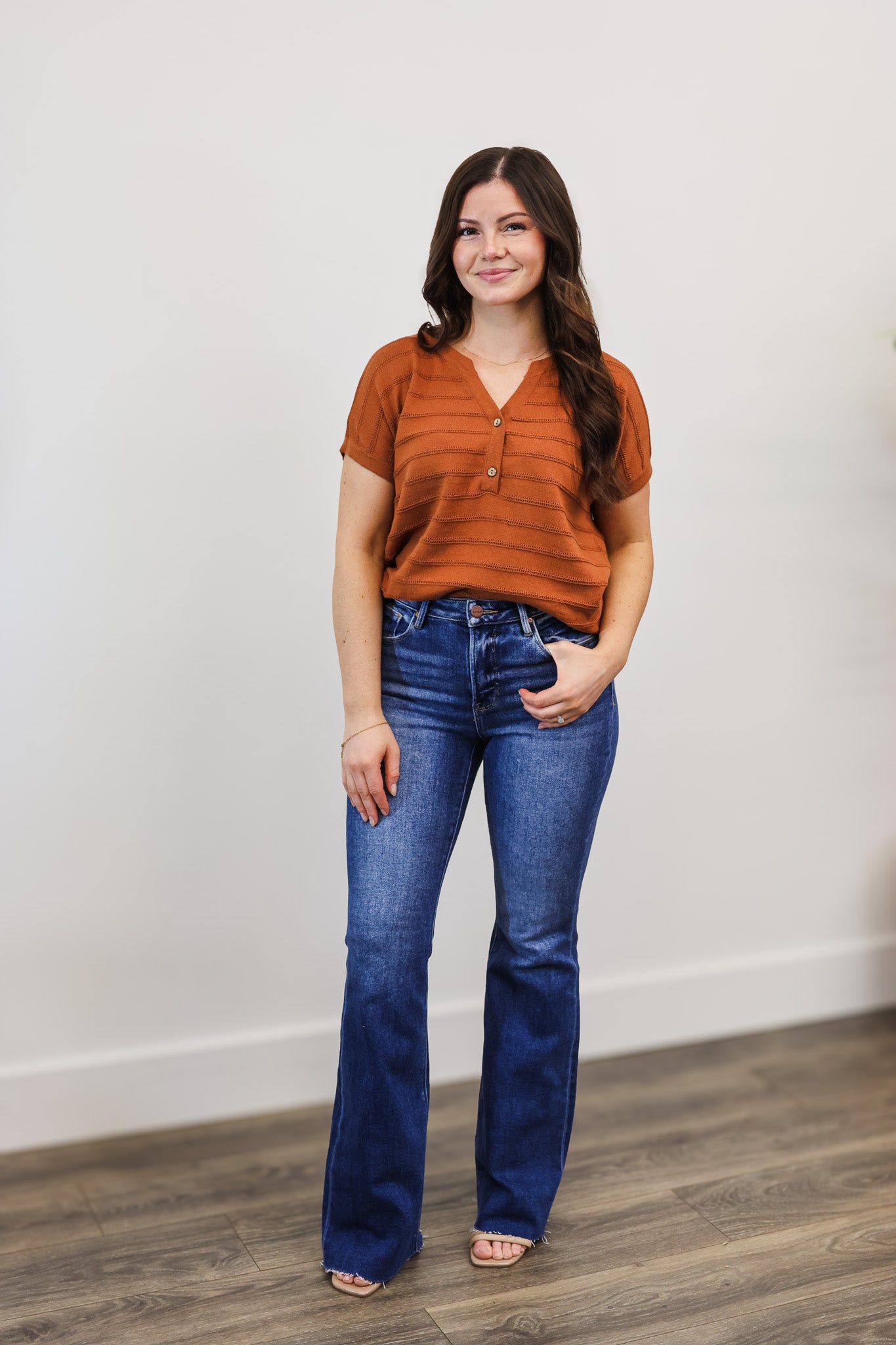 Staccato Rust Pointelle Stripe Sweater