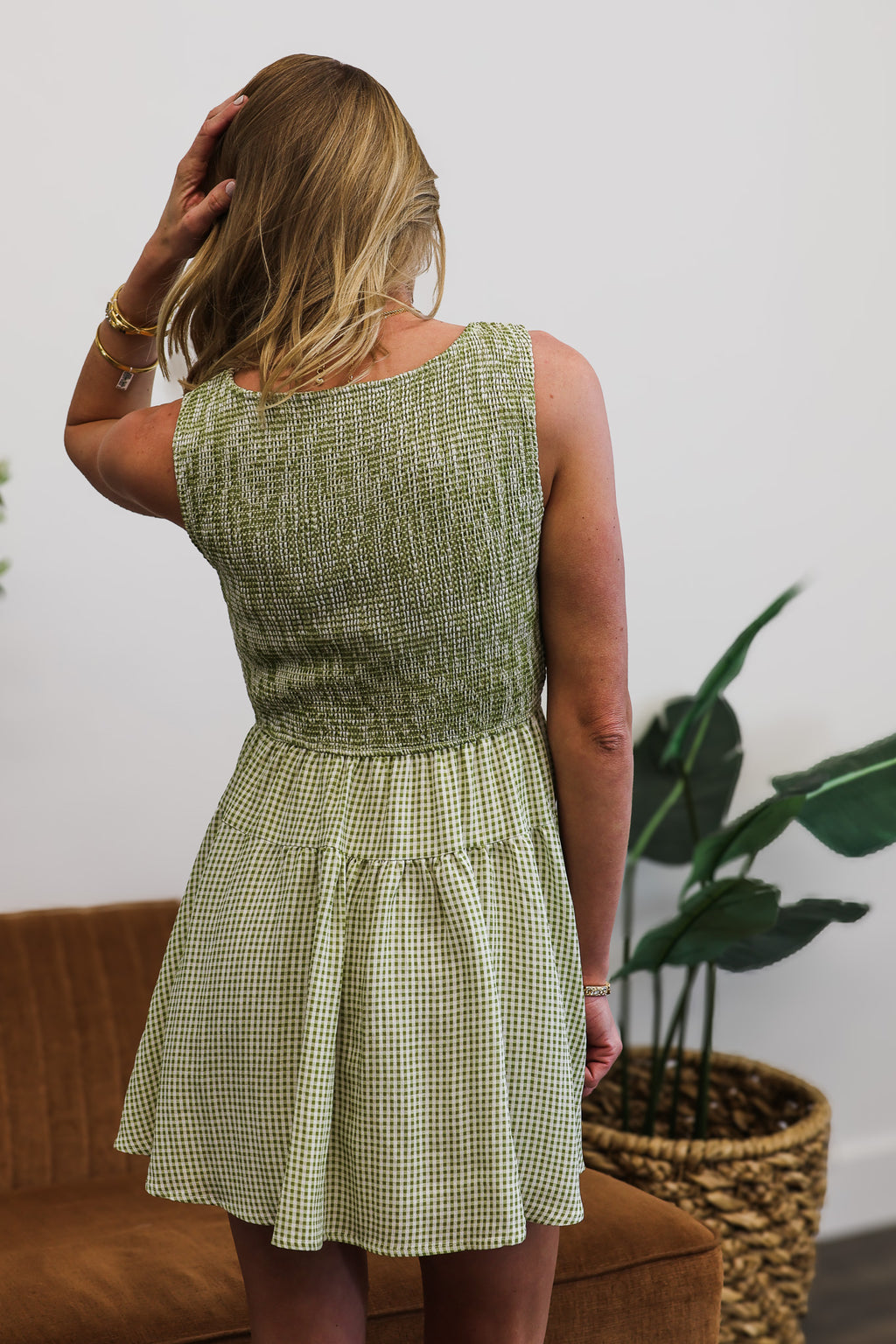 Blu Pepper Gingham Smocked Mini Dress
