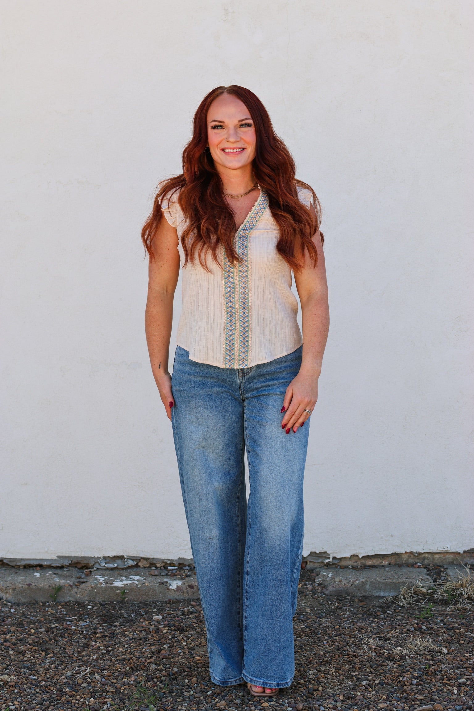 Blu Pepper Embroidered Split Neck Blouse